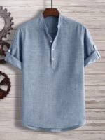 Men'S Solid Color Henley Collar Short Sleeve Shirt, Plus Size