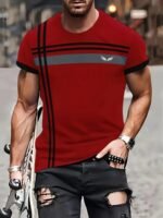 Men'S Casual Athletic Red T-Shirt - Short Sleeve, Round Neck, Polyester Blend, Stripe Print, Machine Washable - Ideal For Summer Leisure And Sports, Plus Size - Image 3