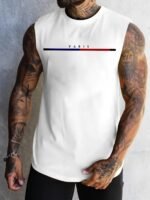 Men'S Navy Blue Sleeveless Tank Top With Paris Letter Graphic - Lightweight, Breathable Polyester, Casual Athletic Gym Wear For Summer, Workout Apparel | Stylish Graphic Print | Elastane Blend - Image 6