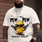Men'S Large Size Graphic T-Shirt - Cool Chick Cartoon Print With "Pew Pew" & "Madafakas!" Text - Casual Sporty Round Neck Short Sleeve Tee For Summer, Running, Gym & Daily Wear - Machine Washable, Comfortable Fit Shirt, Plus Size