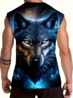 Men'S Oversized Wolf Print Sleeveless T-Shirt - Neon Blue & Black Wolf Howling At Camera Design, Breathable Sleeveless Gym Shirt For Summer Fitness, Basketball Training, Casual & Night Out - Comfortable Round Neck Muscle Shirt For Men With Wolf Graphic, Machine Washable, Relaxed Fit, Stylish & Functional For Warm Weather, Ideal For Workouts And Casual Wear, Plus Size - Image 9
