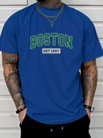Men'S Boston Est. 1997 Graphic Print T-Shirt, Casual Crew Neck Short Sleeve Tee With Slight Stretch, Regular Fit, Letter Pattern Design, Perfect For Sports Or Leisure Activities, Leisure Clothing | Trendy Crew Neck | Versatile Style - Image 6