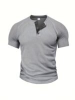 A Piece Ofplus-Size Men'S Loose Solid Color Henry Shirt, Round Neck Half-Button Short-Sleeved Shirt, Suitable For Summer Outdoor Activities, Plus Size - Image 3