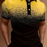 Plus Size Men'S Gradient Color Pattern Graphic Print Golf Shirt For Summer, Trendy Casual Short Sleeve Tees For Big & Tall Males