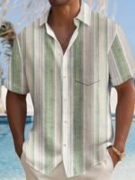 Men'S Casual Striped Short Sleeve Button-Up Shirt - Light Blue & White Vertical Stripes, Collar, Regular Fit Summer Casual Wear, Short Sleeve Button Blouses, Plus Size - Image 2