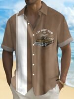 Men'S Plus Size Vintage Car Graphic Button-Up Shirt - Blue & White Checkered, Short Sleeve, Casual Summer Shirt With Front Pocket, Casual Summer Wear|Vintage Car Print|Short Sleeve Shirt - Image 2