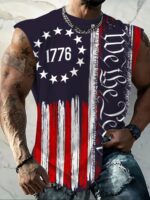 Men'S Plus Size Patriotic Graphic Tank Top - Breathable Sleeveless Athletic Shirt For Summer, Fitness, Basketball & Casual Wear, Navy Blue With Red, White & Blue Print, Casual Sportswear | Bold Print Shirt | Comfortable Fit, Plus Size