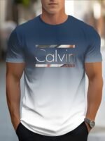 Men'S Casual Short Sleeve T-Shirt With Bold Calvin Monogram Print - Blue & White Gradient Design, Regular Fit Round Neck, Machine Washable For Casual Attire, Summer Apparel, Modern Fashion, Comfortable Fabric, Graphic Tee, Streetwear Style - Image 8