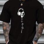 Men'S Music Print Short Sleeve T-Shirts, Comfy Casual Elastic Crew Neck Tops, Men'S Clothing