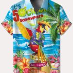 Plus Size Men'S 3D Parrot Print Hawaiian Shirt - Tropical Beach Short Sleeve Button-Up With Palm Trees & Hibiscus, Machine Washable Lightweight Fabric For Spring Summer Fall, Casual Vacation & Leisure Wear, Plus Size