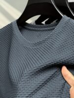 Men'S Performance T-Shirt - Solid Color Dark Blue, Active Short Sleeve Crew Neck Tee, Stretchy Nylon Blend, Ideal For Outdoor Activities, Summer Wear - Image 3