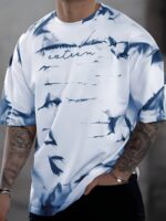 Men'S Casual Short Sleeve T-Shirt - Gradient Ink Splatter & Bird Pattern Design, Green & White Opaque Polyester Blend Knit Fabric, Breathable Round Neck Tee For Spring/Summer Daily Wear & Vacation, Leisure Apparel, Relaxed Fit Shirt, Opaque Material, Plus Size