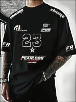 A Men'S Racing Icon #23 3D Print Short-Sleeve T-Shirt - Casual Streetwear, Breathable Sportswear, Round Neck, Summer Fashion Top, Unique Letter Print Design, Made Of 100% Polyester, Slightly Stretchy Knitted Fabric, Suitable For All Seasons Pullover.
