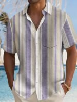 Men'S Casual Striped Short Sleeve Button-Up Shirt - Light Blue & White Vertical Stripes, Collar, Regular Fit Summer Casual Wear, Short Sleeve Button Blouses, Plus Size