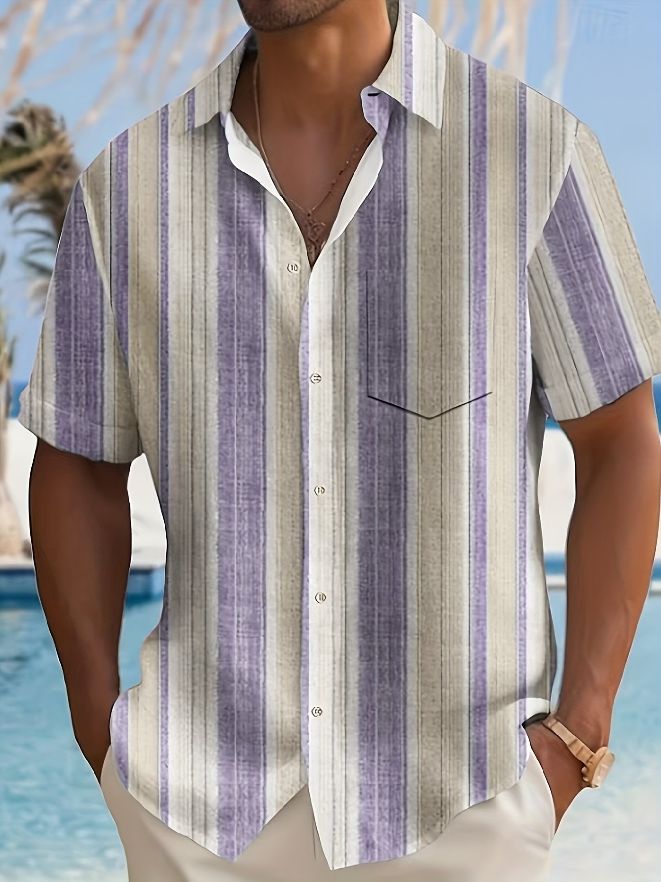 product-fancy-d7c69d3b-c46e-4d7b-98c4-faf5ffecd6f7.jpg Men'S Casual Striped Short Sleeve Button-Up Shirt - Light Blue & White Vertical Stripes, Collar, Regular Fit Summer Casual Wear, Short Sleeve Button Blouses, Plus Size - Image 1