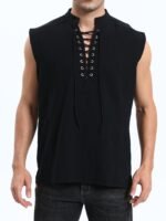 Men'S Plus Size Sleeveless Traditional Chinese Guizhou Shirt - Stand Collar Loose Fit With Drawstring & Button Front Closure, Olive Green Casual Retro Top For Spring Summer Fall, Machine Washable, Plus Size - Image 3