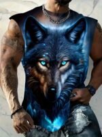 Men'S Oversized Wolf Print Sleeveless T-Shirt - Neon Blue & Black Wolf Howling At Camera Design, Breathable Sleeveless Gym Shirt For Summer Fitness, Basketball Training, Casual & Night Out - Comfortable Round Neck Muscle Shirt For Men With Wolf Graphic, Machine Washable, Relaxed Fit, Stylish & Functional For Warm Weather, Ideal For Workouts And Casual Wear, Plus Size - Image 4