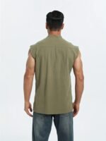 Men'S Plus Size Sleeveless Traditional Chinese Guizhou Shirt - Stand Collar Loose Fit With Drawstring & Button Front Closure, Olive Green Casual Retro Top For Spring Summer Fall, Machine Washable, Plus Size - Image 6
