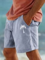 Men'S Cotton Shorts With Drawstring, Casual Palm Tree Print, All-Season, Non-Stretch Woven Fabric, Button Detail, Regular Fit, 110Gsm - Summer Beachwear, Plus Size - Image 3