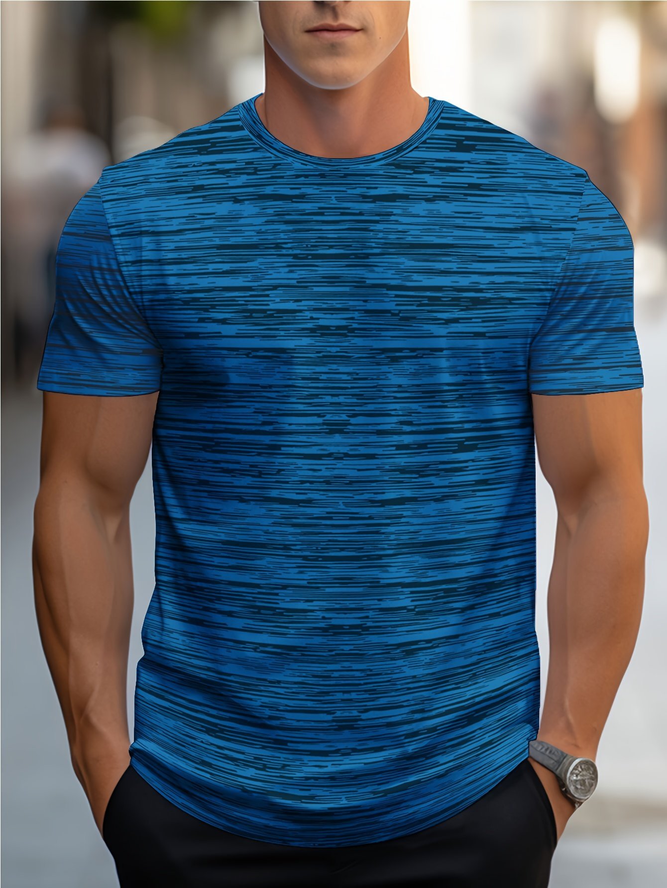 product-fancy-dbb8b3ee-c6cc-4db3-8170-0f6263b6738a.jpg Men'S Lightweight Ice Sliky Fiber Fabric Quick-Dry T-Shirt - Blue & Black Striped, Breathable & Moisture-Wicking, Loose Fit For Running, Gym, Outdoor Activities, Travel, And Casual Wear, Gym Apparel | Striped Tshirt | Quickdry Fabric - Image 1