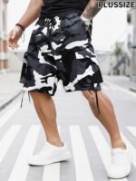 Men'S Plus Size Camouflage Cargo Shorts - Elastic Waist With Adjustable Drawstring, Multiple Pockets, Regular Fit Casual Outdoor Shorts For Casual Attire, Camouflage Shorts, Comfortable Fashion, Durable Design, Summer Wear, Geometric Pattern, Nonstretch Fabric, Big And Tall, Plus Size - Image 6