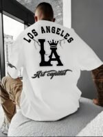Men'S Plus Size Los Angeles Graphic Print T-Shirt - 3D Crown Design, Stretch Polyester-Spandex Blend, Lightweight 150Gsm, Machine Washable Casual Streetwear Tee, Sporty Tshirt | Urban Fashion | Smooth Texture Shirt, Plus Size - Image 2