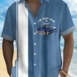 Men'S Plus Size Vintage Car Graphic Button-Up Shirt - Blue & White Checkered, Short Sleeve, Casual Summer Shirt With Front Pocket, Casual Summer Wear|Vintage Car Print|Short Sleeve Shirt