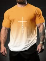 Men'S Gradient "Faith" Letter Print T-Shirt - Casual Crew Neck, Short Sleeve, Comfortable Polyester Blend, Machine Washable - Stylish Summer Top With Color-Changing Design - Image 4