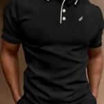 Men'S Lightweight Breathable Summer Shirt - Solid Color Black With White Logo, Short Sleeve, Button-Up Collar, Regular Fit For Golf, Tennis & Casual Wear, Golf Shirt, Golf Attire, Sleek Sporty Design, Comfortable Fabric
