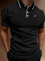 Men'S Lightweight Breathable Summer Shirt - Solid Color Black With White Logo, Short Sleeve, Button-Up Collar, Regular Fit For Golf, Tennis & Casual Wear, Golf Shirt, Golf Attire, Sleek Sporty Design, Comfortable Fabric