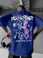 Men'S Streetwear Graphic T-Shirt - Loose Fit Round Neck Summer Tee With Bold "Perfect Not" Bear & Hearts Design, Light Blue Casual Urban Fashion Top For Casual Attire, Streetwear Fashion | Bold Graphic Tee | Comfortable Fit, T Shirt Stylish - Image 4