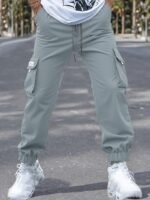 Men'S Plus Size Gray Cargo Pants - Streetwear Style, Non-Stretch Fabric, Regular Fit With Pockets, All-Season Comfort, Plus Size Casual Pants, Plus Size
