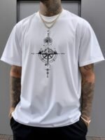 Men'S Vintage Compass Print Short Sleeve Crew Neck Casual Sports Thin T-Shirt For Summer And Spring, Polyester Versatile Top For Summer - Image 9