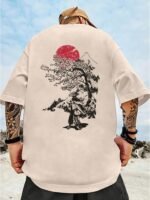 Men'S Casual Short Sleeve T-Shirt With Japanese-Inspired Cherry Blossom & Mountain Print - Breathable Regular Fit Round Neck Tee For Summer Outdoor Activities, Machine Washable, Plus Size - Image 4