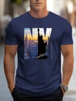 Men'S Casual Crew Neck T-Shirt With Ny City Skyline Print, Alphabet Slogan, Polyester Knit Fabric, Slight Stretch, Regular Fit, Summer Wear - Mbdmbd