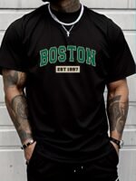 Men'S Boston Est. 1997 Graphic Print T-Shirt, Casual Crew Neck Short Sleeve Tee With Slight Stretch, Regular Fit, Letter Pattern Design, Perfect For Sports Or Leisure Activities, Leisure Clothing | Trendy Crew Neck | Versatile Style - Image 7