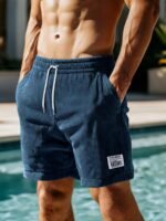 Men'S Casual Corduroy Shorts With Drawstring Waist, Side Pockets, And "California" Print - Black, Polyester, All-Season Wear For Outdoor Activities - Image 2