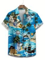 Men'S Plus Size Tropical Hawaiian Shirt - Vibrant Flamingo & Cowboy Print, Short Sleeve, Casual Button-Up In Lightweight Polyester For Summer Adventures, Plus Size