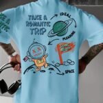 Men'S Space-Themed Graphic Tee - "Take A Romantic Trip" With Astronaut & Planets Design, Light Blue Casual Short Sleeve T-Shirt, Summer Streetwear, Space T Shirt