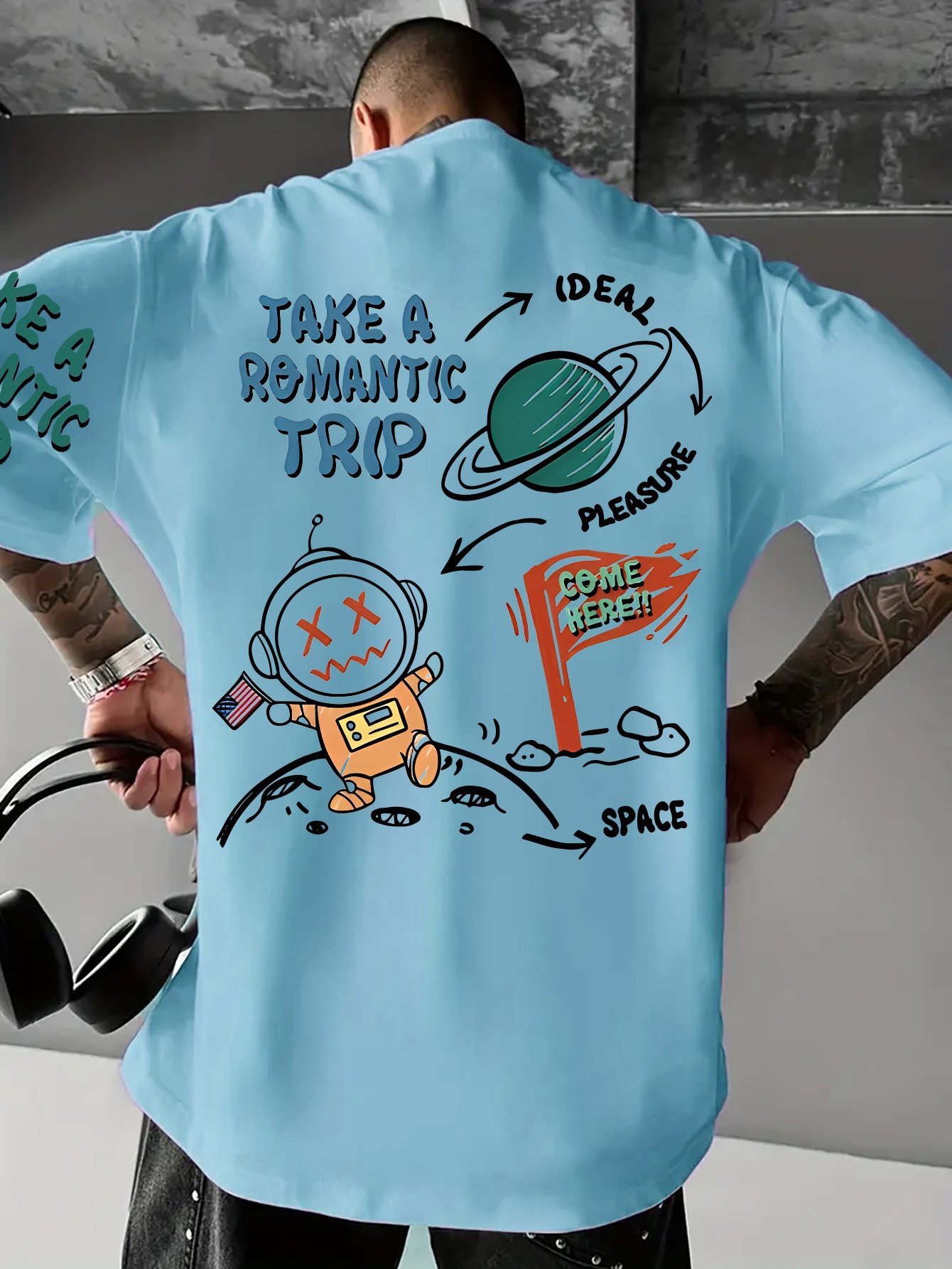 product-fancy-f2324f14-aabd-4cb3-9dec-5a6d40d1105e.jpg Men'S Space-Themed Graphic Tee - "Take A Romantic Trip" With Astronaut & Planets Design, Light Blue Casual Short Sleeve T-Shirt, Summer Streetwear, Space T Shirt - Image 1