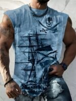 Men'S Plus Size Pirate Ship Graphic Tank Top - Breathable Polyester, Street Style Sleeveless Shirt For Summer, Plus Size - Image 3