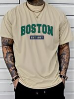 Men'S Boston Est. 1997 Graphic Print T-Shirt, Casual Crew Neck Short Sleeve Tee With Slight Stretch, Regular Fit, Letter Pattern Design, Perfect For Sports Or Leisure Activities, Leisure Clothing | Trendy Crew Neck | Versatile Style - Image 2