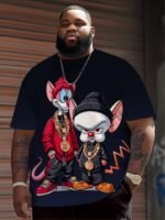 Men'S Hip-Hop Cartoon Animal Print T-Shirt, Casual Crew Neck Short Sleeve Top, 100% Polyester Knit Fabric, Slight Stretch, Regular Fit, Summer Streetwear For Running & Daily Wear, Plus Size