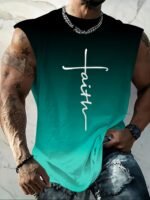 Men'S Plus Size Gradient "Faith" Print Tank Top - Breathable & Stretchy Sleeveless Shirt For Summer Fitness, Training & Casual Wear, Black To Teal Design, Summer Tank Tops, Plus Size