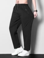 1Pc Men'S Plus Size Casual Sports Pants, Polyester Stretch, Solid Color, Regular Fit, Zipper Detail, Spring/Summer Collection - Image 2