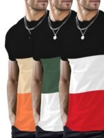 Mbdmbd Men'S Slim Fit Color Block T-Shirt - Casual, Stretchy Polyester Blend, Crew Neck, Machine Washable - Summer Essential In Black, Pink, And White - Image 2