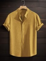 Men'S Summer Breeze Green Short-Sleeve Button-Up Shirt - Casual, Breathable Polyester With Stand Collar, Ideal For Daily Wear & Beach Vacations - Image 4