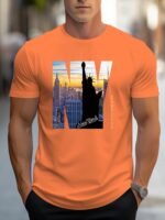 Men'S Casual Crew Neck T-Shirt With Ny City Skyline Print, Alphabet Slogan, Polyester Knit Fabric, Slight Stretch, Regular Fit, Summer Wear - Mbdmbd - Image 8