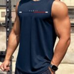 Men'S Navy Blue Sleeveless Tank Top With Paris Letter Graphic - Lightweight, Breathable Polyester, Casual Athletic Gym Wear For Summer, Workout Apparel | Stylish Graphic Print | Elastane Blend