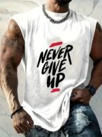 Men'S Plus Size "Never Give Up" Motivational Print Tank Top - Breathable & Stretchy Sleeveless Shirt For Summer Fitness, Training & Basketball - Black With White & Red Design, Polyester Blend, Casual Style, Basketball Tank Top | Sleeveless Motivational Shirt | Digital Print Quality, Gym Shirts, Plus Size - Image 2